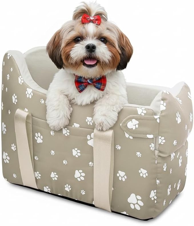 Dog Car Seat for Small Dogs (Under 15 lbs) – Center Console Pet Carrier with Safety Belt, Storage Pockets & Removable Washable Cover (Khaki Car Seat) by HANMEIANINC