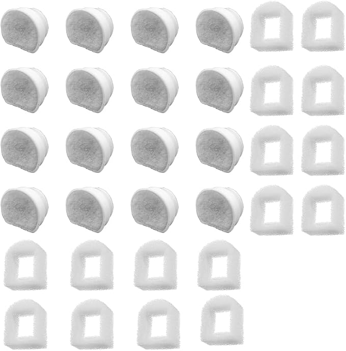 32 Pack Pet Fountain Replacement Filters, 16 Carbon and 16 Foam Pre-Filters | For Select Ceramic and Stainless Pet Fountains; Carbon Reduces Odors, Foam Catches Hair and Debris to Support Pump Care by Ukulork