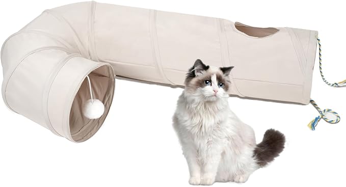Cat Tunnel, 2-Way Collapsible Cat Tube with Interactive Peek-A-Boo Hole, Toy Ball, and Rope Ideal for Indoor Cats, Kittens, and Rabbits, Beige by Thanksforyourfollow