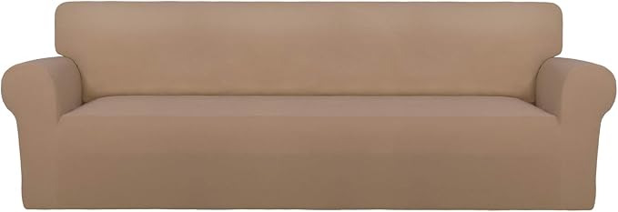 PureFit Stretch Couch Covers for Sofa 4 Seater Slipcovers Camel | 1-Piece Sofa Cover Washable Soft Couch protector, Couch Slipcover with Non Skid Foam and Elastic Bottom for Kids, Dogs by PureFit