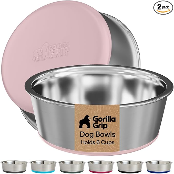 GORILLA GRIP Dog Bowls, Food Grade Stainless Steel, Set of 2, 6 Cup, Pink | 304 Stainless Steel Pet Feeding Bowls Hold 48 fl oz Each, Dishwasher Safe, Rust Resistant, BPA Free Rubber Base by Unknown
