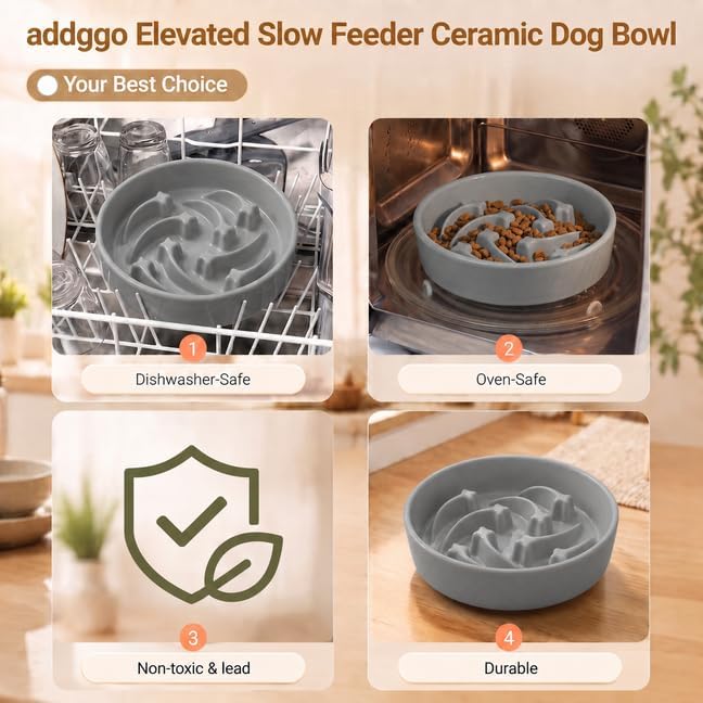 Elevated Ceramic Slow Feeder Dog Bowls Anti-Choking Slow Feeding for Medium& Large Anti-Slip Non-Lead & Toxic Durable Easy to Clean Maze Slow Feeder Bowl（8.66in Gray Stars Pattern） - Image 5