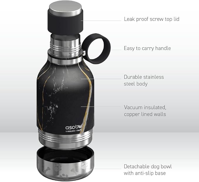 Asobu Buddy Bottle a Stainless Steel Insulated Water Bottle for with Removable Dog Water Bowl and Dog Food and Treat Storage Bowl (Midnight Marble, 37 oz Water Bottle with Bowl) - Image 5
