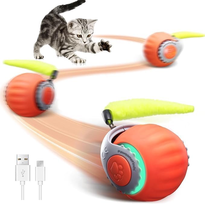 Interactive Cat Toy for Indoor Cats, Two Speed Smart Automatic Cat Toy Moving Ball with Tail, Rechargeable Motion Activated Cat Toys for Bored Indoor Adult Cats (Adapter Not Included) by PawsomeFinds