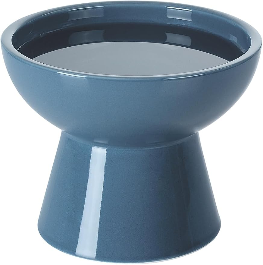 LoeJan Elevated Cat Food and Water Bowls Set, Extra Wide and Raised Ceramic Feeder, Anti-Vomit Whisker-Free Pressure Feeding Bowl for Kittens Adult Small Dogs (Deep Blue) by LoeJan