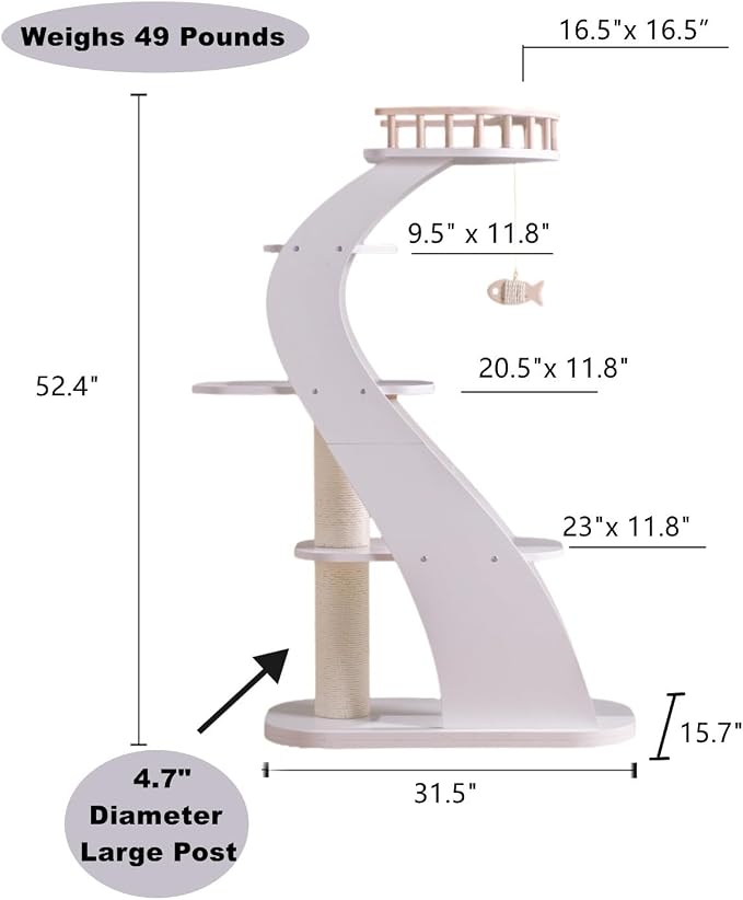 SHENGOCASE Modern Stylish 52.4 inches Tall Wooden Cat Tree Tower, Aesthetic Cat Condo Ladder with 5-Level Big Perch Platform Bed for Window Viewing Watching Large Cat Maine Coon - Image 5