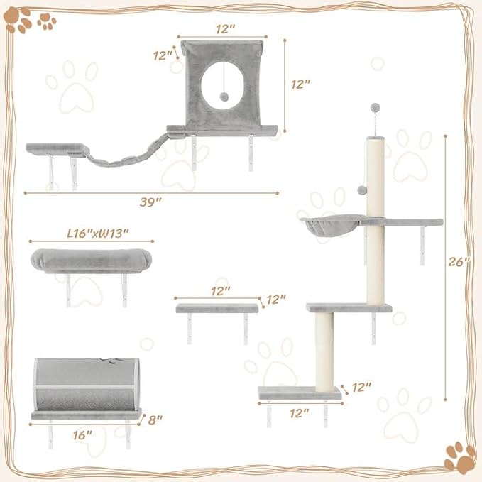 7-in-1 Cat Wall Shelves, Wall Mounted Climber Set | Cat Furniture with House, Tunnel, Bridge, Steps, Scratcher, Hammock, Shelves for Indoor, Gray - Image 4