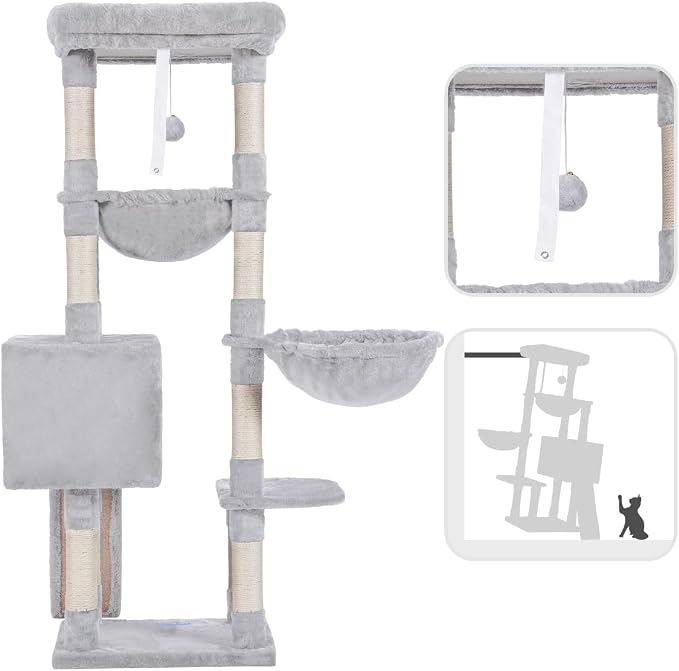 Hey-brother Large Cat Tree, Cat Tower for Indoor Cats, Cat House with Padded Bed, Cozy Condo, Hammocks, Sisal Scratching Posts, Big Scratcher, Light Gray MPJ006-MW - Image 7