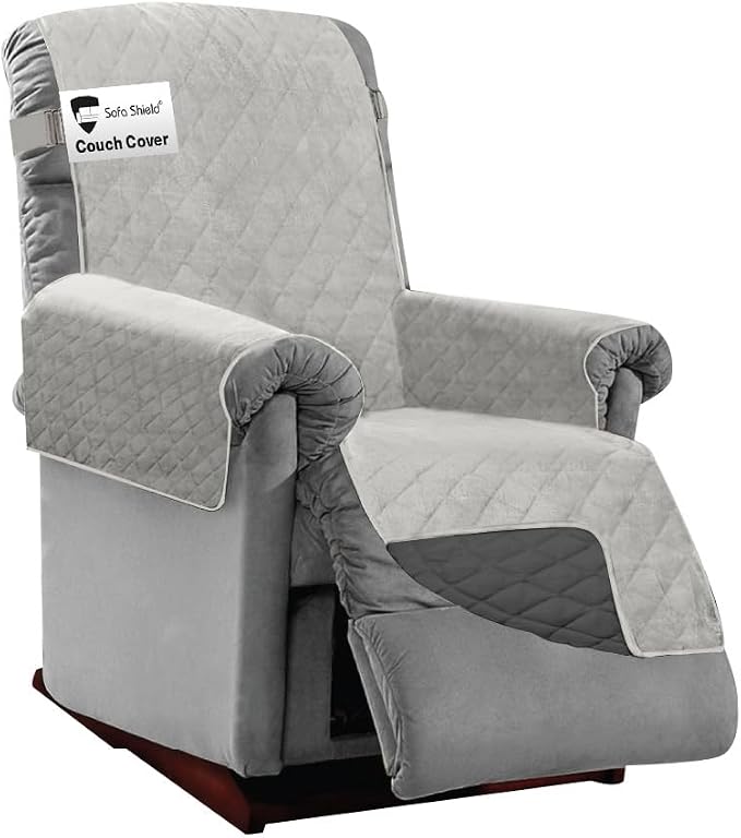 Sofa Shield® Couch Small Recliner Slip Cover with Strap Light Gray Charcoal | Reversible Furniture Protector, Stain and Tear Resistant Cushion Cover, Machine Washable Slipcover for Pets, Cats 70 inch by SofaShield