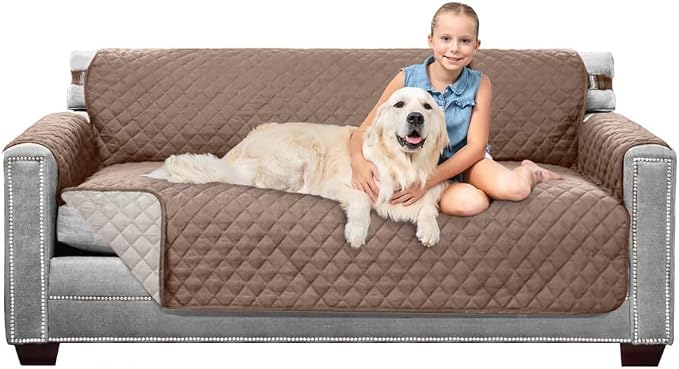 Sofa Shield® Couch Sofa Slip Cover for Dogs with Strap, Latte Linen | Reversible Furniture Protector, Stain and Tear Resistant Cushion Cover, Machine Washable Slipcover for Pets, Cats 70 inch by SofaShield