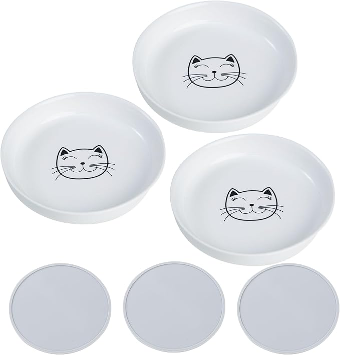 Lusifaco Shallow Wide Cat Food Bowls Anti Whisker Fatigue (White, 3 Pack) | 5.9 Inch 2 Height Raised Ceramic Cat Dishes with Bamboo Stand, Flat Pet Water Food Plates Feeding Station for Indoor Kitten by MakesMealsMoreEnjoyable