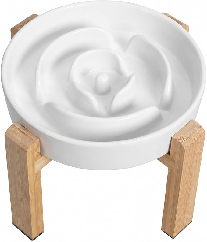 Elevated Slow Feeder Dog Bowl - Ceramic Food Dish with Bamboo Stand - Raised Maze Design - Ideal for Medium to Large Dogs - White - 8.8 inch | 3.2 Cups Slow Feeding Dog Dish for Fast Eaters, 7" Tall Anti-Slip Raised Slow Feeder for Medium to Large Bree... by PTOBER