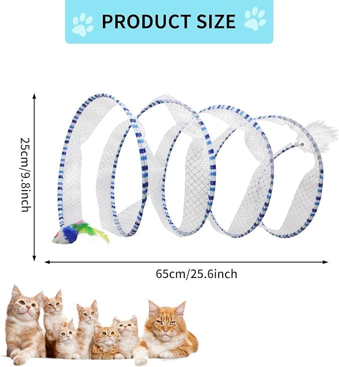 Andiker Spiral Tunnel for Cats, 21.45” Collapsible Cat Tunnel with Feather Toy and Plush Mouse Interactive Cat Toys for Indoor Cats to Relieve Boredom for Kitten (Blue) - Image 2
