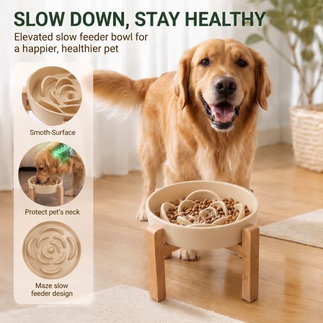 Elevated Ceramic Slow Feeder Dog Bowls Anti-Choking Slow Feeding for Medium& Large Anti-Slip Non-Lead & Toxic Durable Easy to Clean Maze Slow Feeder Bowl（8.66in Khaki Flower Pattern） - Image 2