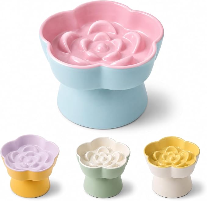 Elevated Ceramic Slow Feeder Cat Bowl, 15° Tilted Feeding Dish Helps Reduce Fast Eating and Vomiting, Whisker-Friendly Heavy Smooth Matte Ceramic, Dishwasher Safe (Blue/Pink) by Unknown