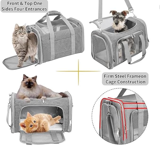 Soft-Sided Pet Carrier for Cats and Dogs, Collapsible Travel Bag with Shoulder Strap, Removable Mat, Mesh Windows, 17x11x11Inch, Gray - Image 5