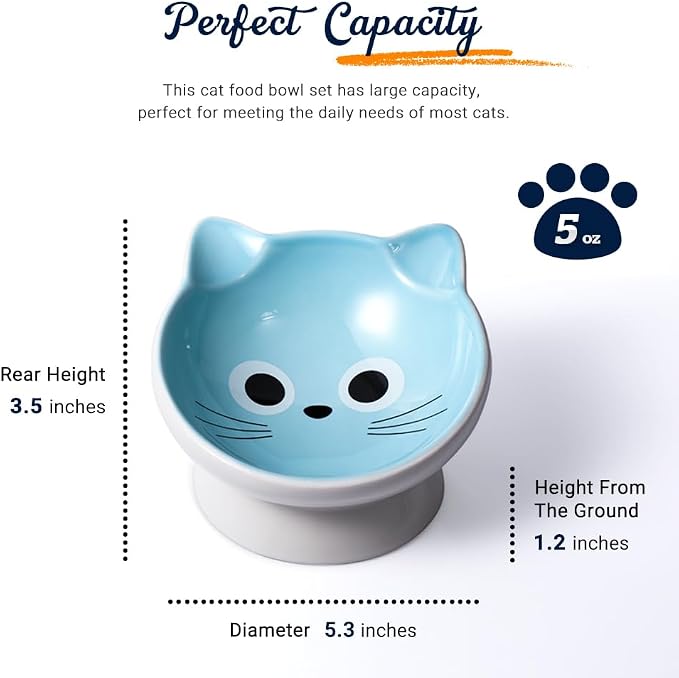 Raised Ceramic Cat Food Bowl - 15 Tilted, Spine Protection, Anti-Vomiting, Backflow Prevention for Adult Cats, Kittens, and Small Dogs (Blue Face) - Image 2