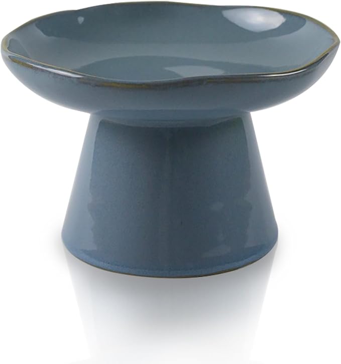 Extra Wide 6.1" Ceramic Raised Cat Food Bowl, Shallow Elevated Pet Feeder for Food Feeding, Anti Vomiting Whisker Fatigue Bowls for Cat Puppy, Blue by Careforyourbelovedfurbaby