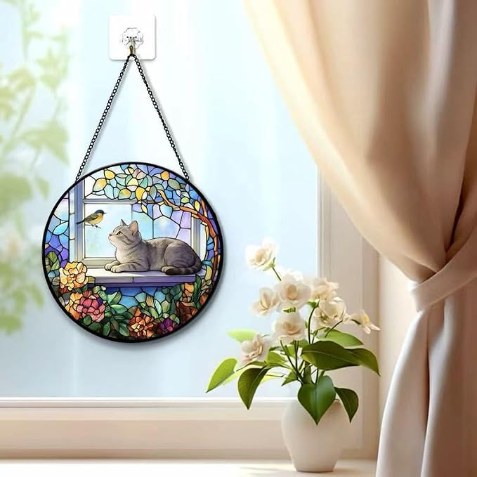 Stained Glass Cat Window Suncatcher, Cat on Windowsill Sun Catcher, Colorful Pet Lover Window Decor Gift - Image 7