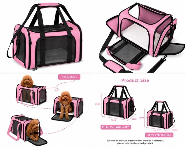 Pet Carrier Soft-Sided for Small Dogs & Cats, Foldable Airline Approved Pet Travel Carrier with Breathable Mesh, Washable Cushion & Shoulder Strap, Portable Puppy Cat Carrier Bag (Pink, 19.7*13*13) - Image 5