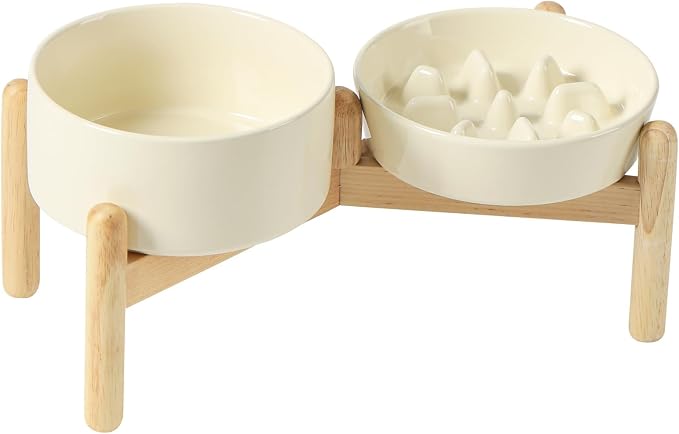 Havniva Elevated Slow Feeder Dog Bowls, Ceramic Dog Bowl Slow Feeder Set | 0.9 Cups Raised Slow Feeder Dog Bowl for Small Breed, 6.1” Dog Water Bowl with Wooden Stand, Puzzle Dog Food Bowl, Non-slip by Havniva
