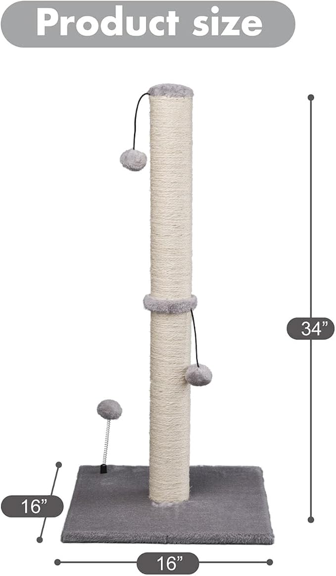 MECOOL 34“ Tall Cat Scratching Post Premium Basics Kitten Scratcher Sisal Scratch Posts Trees with Hanging Ball for Indoor Cats, Gray - Image 4