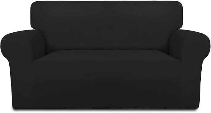PureFit Stretch Loveseat Covers Fleece Couch Covers for Sofa Black | 1-Piece Sofa Slipcover Soft Couch Protector, Sofa Cover Washable with Non Skid Foam and Elastic Bottom for Kids, Dogs by PureFit