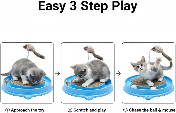 AUOON Cat Scratcher Toy with Ball Track for Indoor Cats and Kittens, Blue | 3 in 1 Interactive Cat Toy, Cat Scratch Pad with Cat Ball Toy and Cat Mouse Toy, for Chasing Exercise, Protect Furniture - Image 4