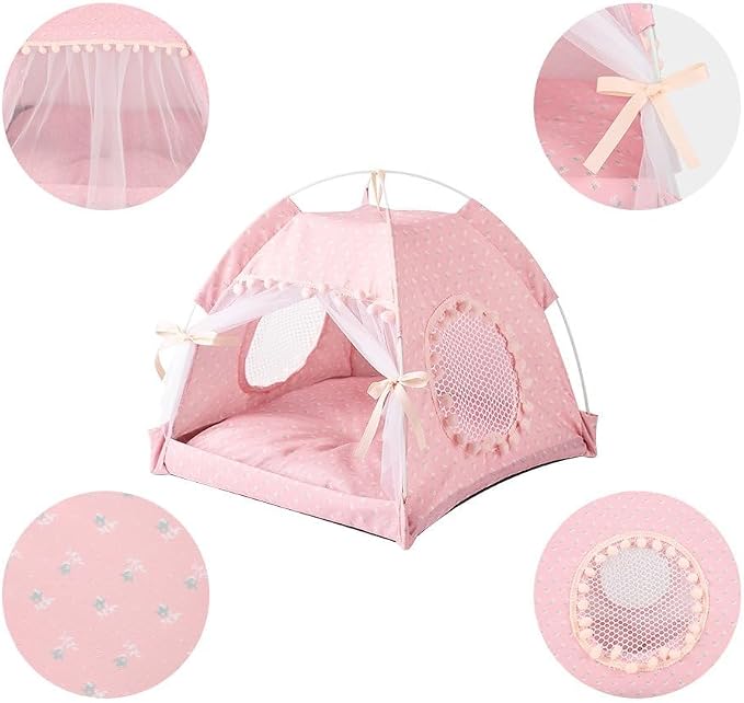 Selena Cat Bed Tents Dog House Indoor Outdoor Lace Mesh Breathable Windows Door Curtains Removable Portable Nest Teepe House (Small,Pink(Flower)) - Image 6