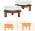 SPUNKYJUNKY Shallow Elevated Cat Bowl with Acacia Wood Stand Wide Raised Ceramic Cat Dishes Whisker Friendly Pet Food and Water Plates (Striped Pattern, 2 Pack, White) by SPUNKYJUNKY