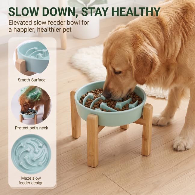 Elevated Ceramic Slow Feeder Dog Bowls Anti-Choking Slow Feeding for Medium& Large Anti-Slip Non-Lead & Toxic Durable Easy to Clean Maze Slow Feeder Bowl（8.66in Mint Blue Stars Pattern） - Image 2
