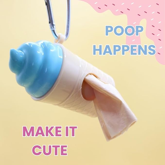 Ice Cream Dog Bag Dispenser | One Clip Doggie Poop Bag Holder | Bags Waste Container for Leash for Small Medium Large All Size Dogs | Cute and Fun Design | 15 Bags Included | Blue Color - Image 2
