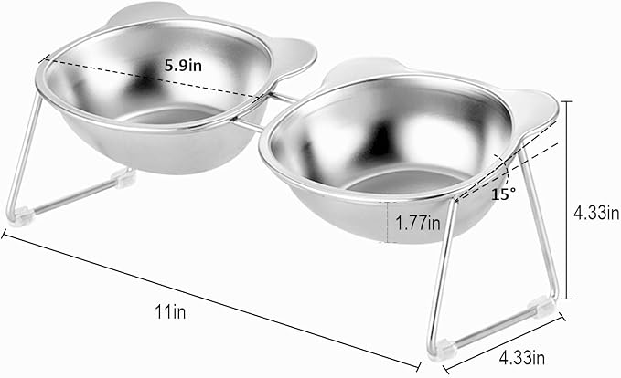 Stainless Elevated cat Bowls 5.9 Inch with Metal Stand Slip Resistant Base 15 Degrees Tilted Raised Pet Dishes Double Bowl Design Food and Water Dish for Cats Kitten Small Dog (Integrated Bowls) - Image 4