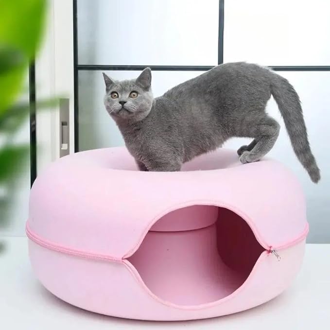 Cat Cave, Cat Tunnel Bed, Premium Cave Donut Tunnel Bed Set with Interactive Soft Cat Toys, Donut Design - Ideal Houses for Indoor by Luniko Shop (Pink) - Image 3
