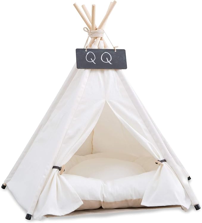 Dog Teepee Bed Cat Tent Portable Houses Pet Puppy with Thick Cushion (L:Size fits 15kg/33lbs (Pets)) | (White, L:Size fits 15kg/33lbs (Pets)) - Image 3