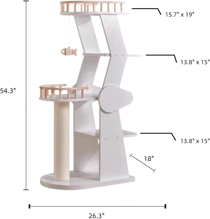 SHENGOCASE Modern Wooden Cat Tree Tower for Window Viewing Watching, 54.3 Inches Tall, 5-Level Large Perch Platform with Sisal Scratching Post, White - Image 7
