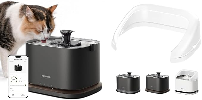 Bundle of PETLIBRO Cat Water Fountain Stainless Steel Tray, Cordless Cat Fountain Battery Operated, 3L/101oz Pet Water Fountain App Monitoring+ PETLIBRO Splash Shield by Unknown