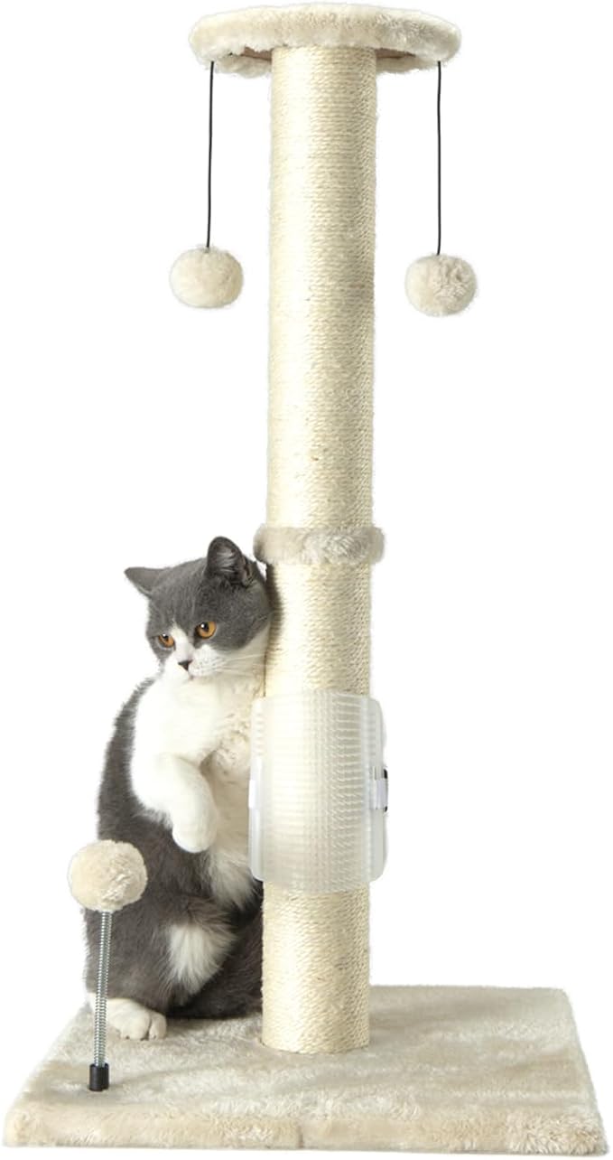 PEEKAB 32" Tall Cat Scratching Post Sisal Rope Scratch Posts with Hanging Ball and Self-Massage Brush Vertical Scratcher for Indoor Cats and Kittens(Beige 32inches) by PEEKAB