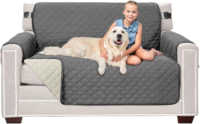 Sofa Shield® Couch Loveseat Slip Cover for Dogs with Strap, Charcoal Linen | Reversible Furniture Protector, Stain and Tear Resistant Cushion Cover, Machine Washable Slipcover for Pets, Cats 70 inch by SofaShield