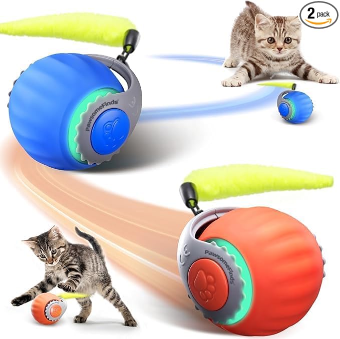 2 Pack Interactive Cat Toy for Indoor Cats, Two Speed Smart Automatic Cat Toy Moving Ball with Tail, Rechargeable Motion Activated Cat Toys for Bored Indoor Adult Cats(Orange & Blue) by PawsomeFinds