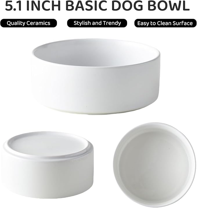 Elevated Ceramic Dog Bowl Set - Raised Dog Bowls with Non Slip Bamboo Stand, Food and Water Bowl Set for Kitty, Cats and Toy Breed Dogs, Pet Bowls, Weighted Dogs Dishes (5.1'', 2*16OZ, White) - Image 2