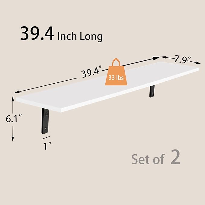 Long Wall Shelves, 39.4Inch Wooden Wall Mounted Shelves, Set of 2 | Large Floating Book Shelf, Metal Bracket, Easy Assembly, Max Load 33lbs, Wall Storage Ledges, Bedroom/Bathroom/Kitchen, White - Image 3