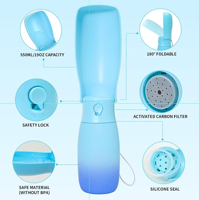 Portable Dog Water Bottle 19oz Blue | Foldable pet water dispenser, food grade plastic, ease to use for outdoor walking, hiking, travel - Image 3