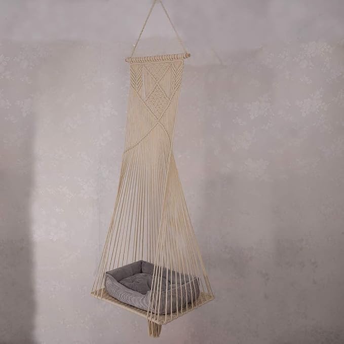 Macrame Hanging Cat Hammock Bed Cat Swing House Space Saving Window Perch with Washed Cotton Cats Toy Tassel Basket Tapestry (Beige, Swing Bed+Cushion) - Image 6