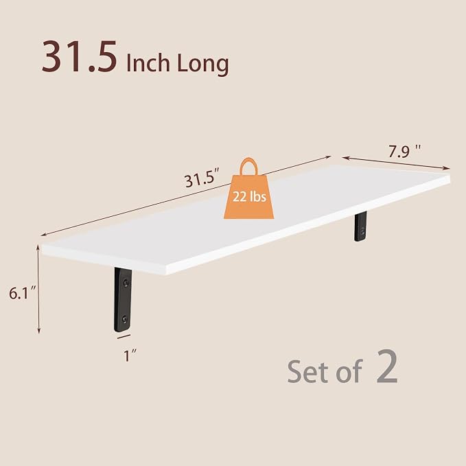 Long Wall Shelves, 31.5Inch Wooden Wall Mounted Shelves, Set of 2 | Floating Book Shelf, Sturdy Metal Bracket Easy Assembly, Max Load 22lbs, Wall Storage Ledges, Bedroom/Bathroom/Kitchen, White - Image 3
