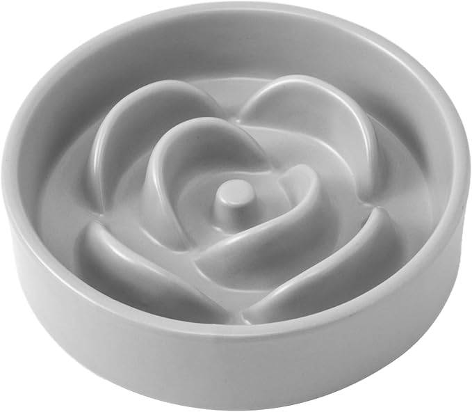 6'' Ceramic Slow Feeder Dog Bowls - Petal Shape Modern Dog Food Dish for Cats and Small Breed Dogs, Puzzle Maze Bowl to Slow Down Eating, Anti-Gulping, Dishwasher & Microwave Safe, Grey by Welloyed