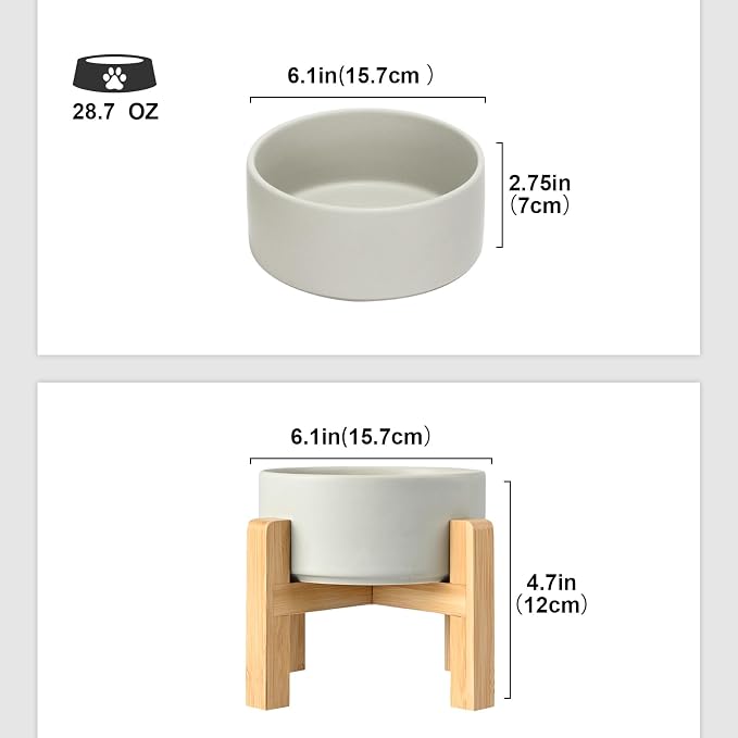 SPUNKYJUNKY Ceramic Elevated Dog Bowls 2 Pack - 6.1inch Raised Dog Bowls with Non-Slip Wooden Stand for Medium Dogs Dishwasher Safe(Grey,28.7OZ*2) - Image 2