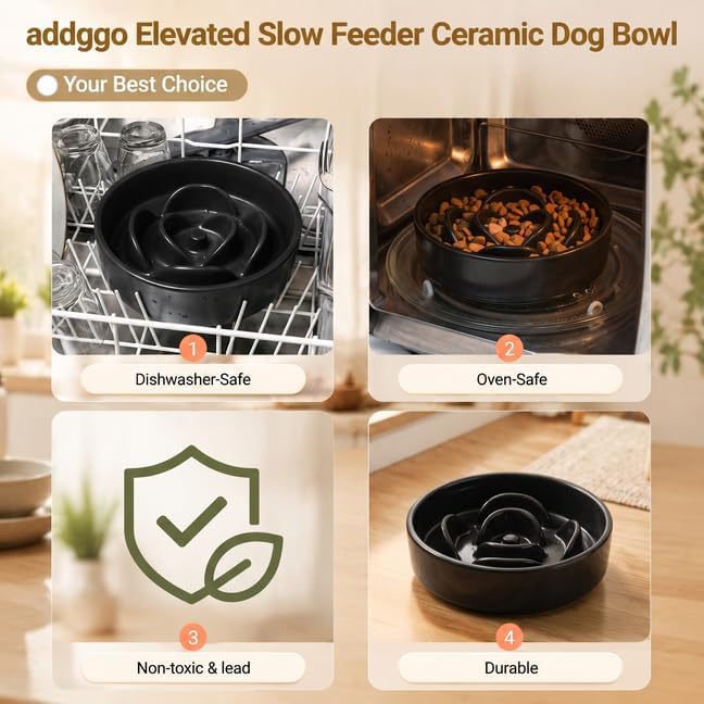 Elevated Ceramic Slow Feeder Dog Bowls Anti-Choking Slow Feeding for Small&Medium Size Anti-Slip Non-Lead & Toxic Durable Easy to Clean Maze Slow Feeder Bowl（8.26in Black Flower Pattern） - Image 5
