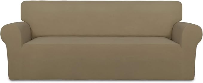 PureFit Stretch Couch Covers for Sofa Large Sofa Slipcovers Tan | 1-Piece Sofa Cover Washable Soft Couch Protector, Couch Slipcover with Non Skid Foam and Elastic Bottom for Kids, Dogs by PureFit