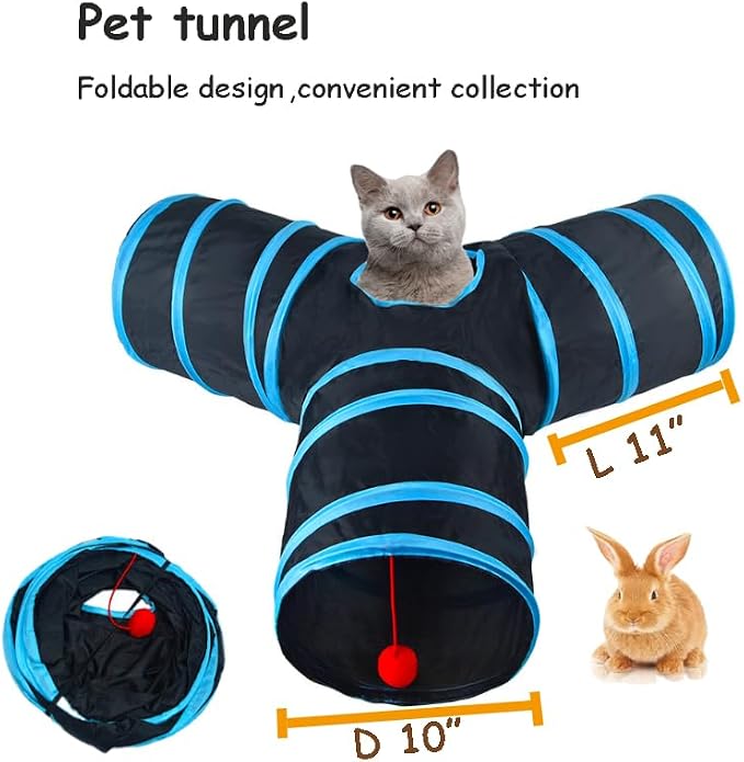 3-Way Collapsible Cat Tunnel Tube Toy Black Blue | Interactive Tunnel with Hanging Ball & Peek Hole for Indoor Cats, Kittens, Puppies, Rabbits | Hours of Fun & Exercise - Image 2
